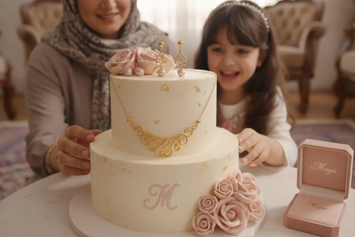 ست گردنبند و گوشوارهٔ طلایی روی کیک تولد