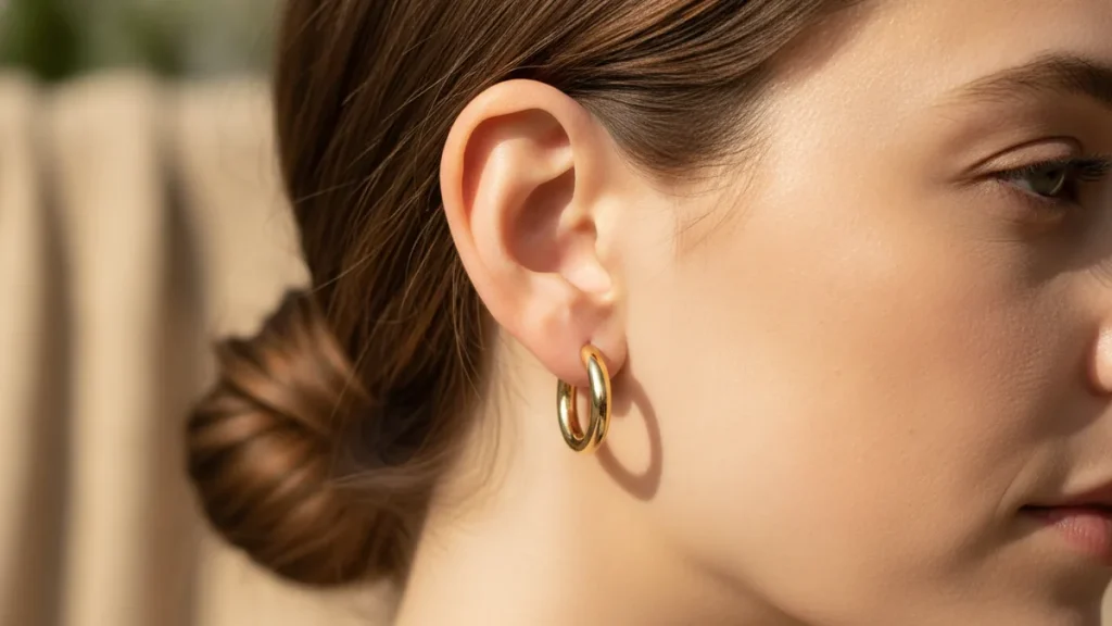 گوشواره حلقه‌ای طلایی روی گوش